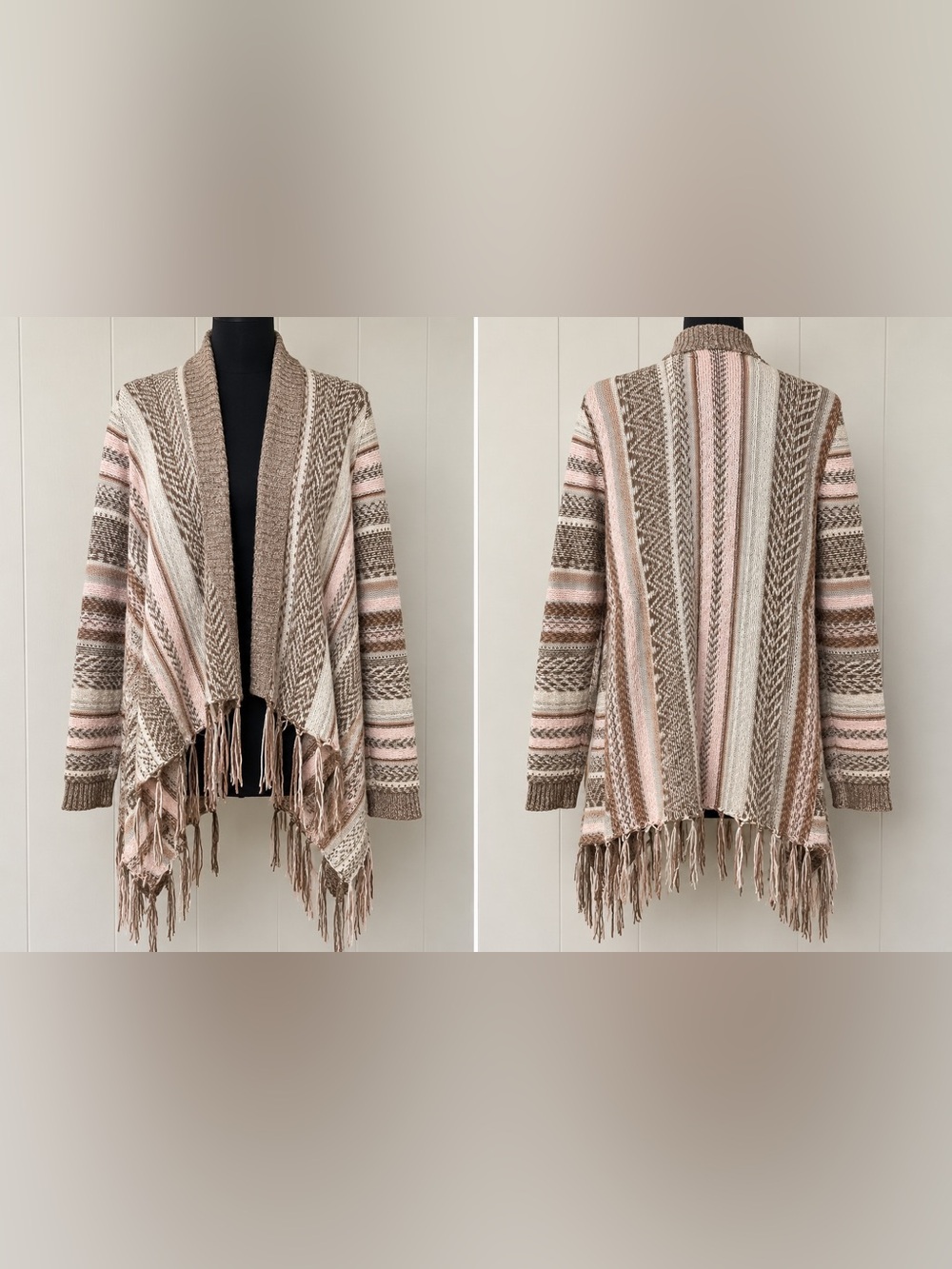 Almost Famous Pink and Taupe Striped Fringe Open-Front Cardigan